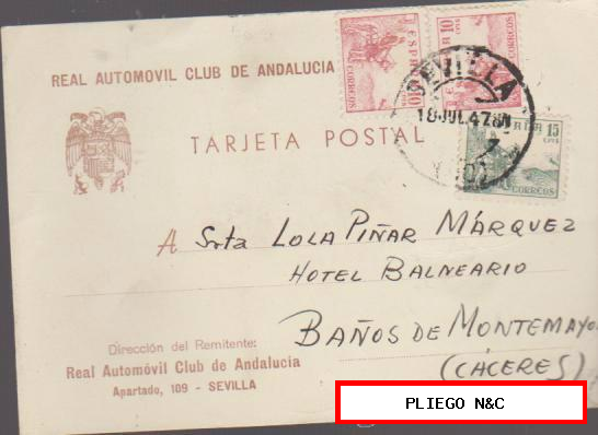 Tarjeta Postal. Real Automóvil Club de Andalucía. De Sevilla a Baños de Montemayor