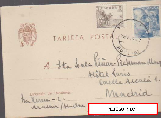Tarjeta Postal de Aracena a Madrid del 18 de Agosto de 1947