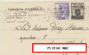 Tarjeta Postal de Barcelona a Crevillente del 22 May. 1945. Con Edifil 922, Barcelona-55 y al dorso 25 cts. rojo