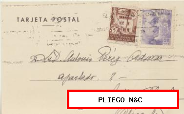 Tarjeta postal de Barcelona a Crevillente del 9 Jun. 1945. Con Edifil 922, Barcelona-66 y Móvil 25 cts. rojo al dorso