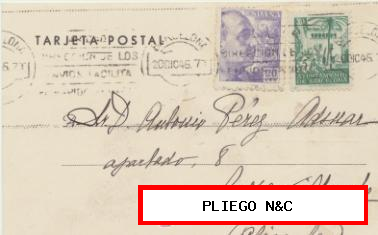 Tarjeta Postal de Barcelona a Crevillente del 20 Dic. 1945. Con Edifil 922, Barcelona-67 y al dorso móvil 25 cts. rojo