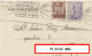 Tarjeta postal de Barcelona a Crevillente del 32 Jul. 1945. Con Edifil 922, Barcelona-66 y al dorso Móvil 25 cts. rojo