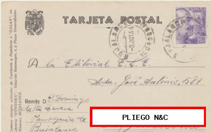 Tarjeta Postal de Bujalance a Barcelona del 3 Oct. 1944. Con Edifil 922