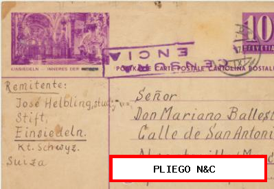 Tarjeta Entero Postal Suiza de Einsiedeln a Alcantarilla del 7 Oct. 1937. Censura de Valencia