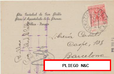 Tarjeta con Membrete de Deusto a Barcelona del 17 Marzo 1944. Con Edifil 964