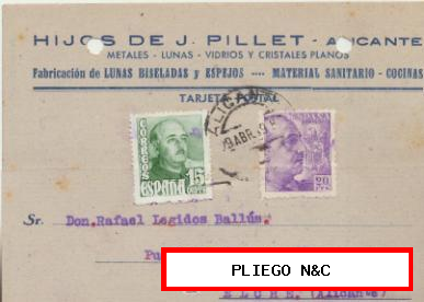 Tarjeta con Membrete de Alicante a Crevillente del 29 Abril 1949. Edifil 922 y 1021