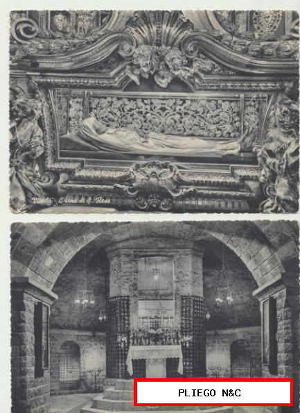 Italia. Lote de 2 postales: Basílica di S, Francesco ed L´urna di S. Rosa, Franqueado y fechado en 1956