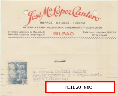 Tarjeta con Membrete de Bilbao a Elche del 10 Sept. 1953. Con Edifil 1049