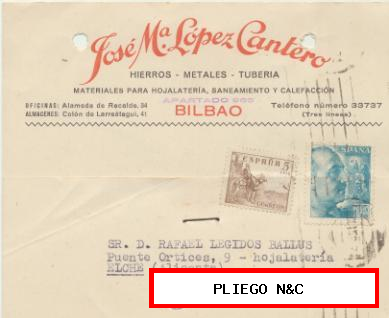 Tarjeta con Membrete de Bilbao a Elche del 3 Oct. 1953. Con Edifil 1044 y 1050