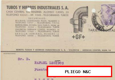 Tarjeta con Membrete de Valencia a Elche del 19-5. 1942. Con Edifil 922