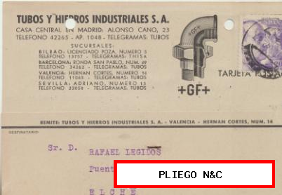 Tarjeta con Membrete de Valencia a Elche del 27-6. 1942. Con Edifil 922