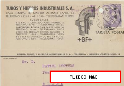 Tarjeta con Membrete de Valencia a Elche del 26-6. 1942. Con Edifil 922