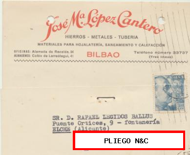 Tarjeta con Membrete de Bilbao a Elche del 30 Abril. 1953. Con Edifil 1049