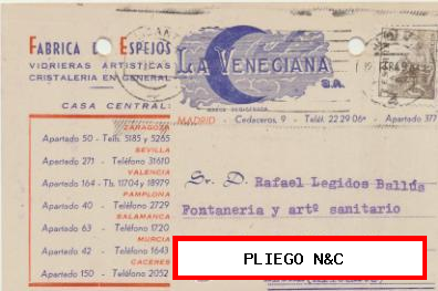 Tarjeta con Membrete de Valencia a Elche del 12 Febr. 1949. Con Edifil 1044