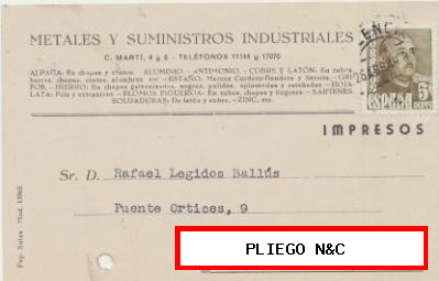 Tarjeta con Membrete de Valencia a Elche del 26 Abr. 1949. con Edifil 1020