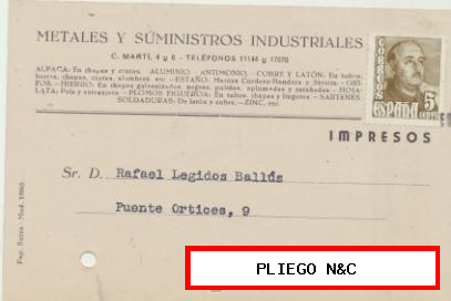 Tarjeta con Membrete de Valencia a Elche del 8 Abr. 1949. con Edifil 1020