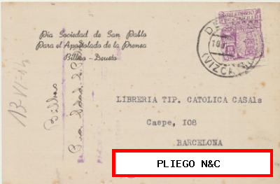 Tarjeta con Membrete de Deusto a Barcelona del 10 Jun. 1944. con Edifil 974