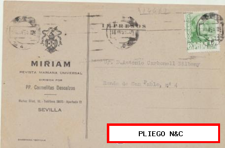 Tarjeta con Membrete de Sevilla a Barcelona del 18 Jun. 1950. con Edifil 1020