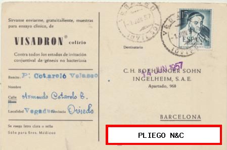 Tarjeta con membrete de Vegadeo a Barcelona del 1 Junio 1957. con Edifil 1073