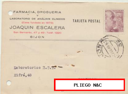 Tarjeta con membrete de Gijón a Barcelona del 2 Agos. 1946. Con Edifil 923
