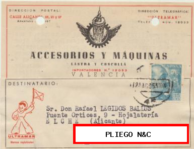 Tarjeta con Membrete de Valencia a Elche del 24 Agos. 1953. Con Edifil 1050