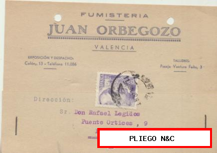 Tarjeta con Membrete de Valencia a Elche del 11 Jun. 1942. Con Edifil 922