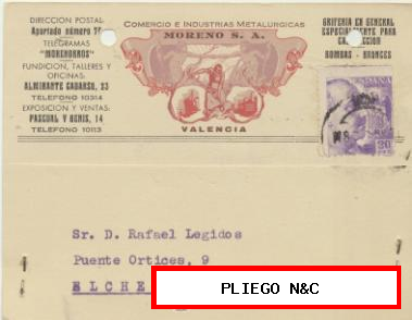 Tarjeta con Membrete de Valencia a Elche del 9 mayo 1942. Con Edifil 922