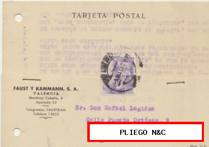 tarjeta con Membrete de Valencia a Elche del 1 Mayo 1942. Con Edifil 922