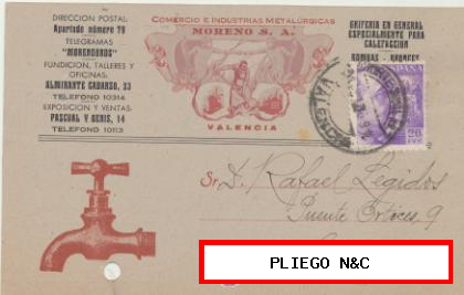 Carta con Membrete de Valencia a Elche del 30 Sept. 1940. Con Edifil 922