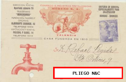 Tarjeta con Membrete de Valencia a Elche del 31 Oct. 1945. Con Edifil 922