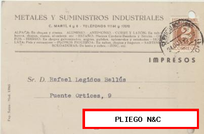 Tarjeta con Membrete de Valencia a Elche del 24 Oct. 1940. Con Edifil 915