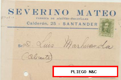 Tarjeta con Membrete de Santander a Monóvar del 17 Sep. 1928. Con Edifil 310