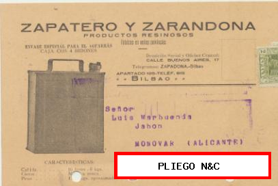 Tarjeta con Membrete de Bilbao a Monóvar de Octubre de 1928. Con Edifil 310