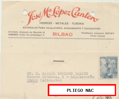 Tarjeta con Membrete de Bilbao a Elche del 9 Sept. 1953. Con Edifil 922