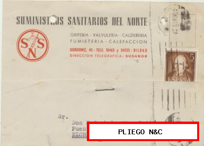 Tarjeta con Membrete de Bilbao a Elche del 23 Nov. 1953. Con Edifil 1071