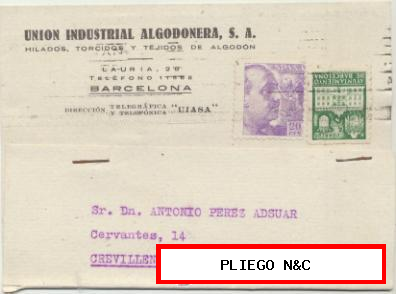 Tarjeta con Membrete de Barcelona a Crevillente del 27 Oct. 1942. con Edifil 922 y 5-cts. verde del Ayuntamiento de Barcelona