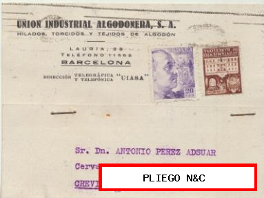 Tarjeta con Membrete de Barcelona a Crevillente del 6 Mayo. 1942. Con Edifil 922, 5-cts. marrón