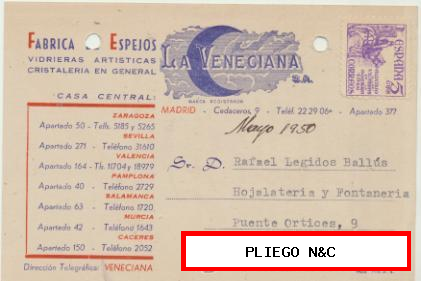 Tarjeta con Membrete de Madrid a Elche de mayo de 1950. Con Edifil 1062
