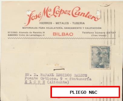 Tarjeta con Membrete de Bilbao a Elche del 6 Sept. 1954. con Edifil 927