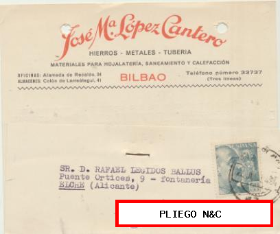 Tarjeta con Membrete de Bilbao a Elche del 20 Jul. 1954. con Edifil 927