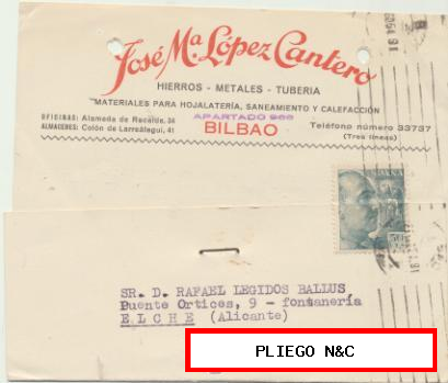 Tarjeta con Membrete de Bilbao a Elche del 27 Agos. 1954. con Edifil 927