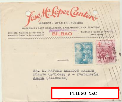 Tarjeta con Membrete de Bilbao a Elche del 29 Enero. 1954. con Edifil 1050 y 1103