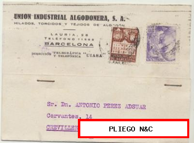 Tarjeta con Membrete de Barcelona a Crevillente del 18 Mayo. 1942. Con Edifil 922, 5-cts. marró
