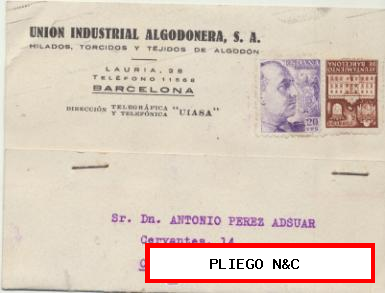 Tarjeta con Membrete de Barcelona a Crevillente del 2 julio 1942. con Edifil 922, 5 cts. marró