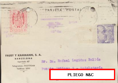 Tarjeta con Membrete de Barcelona a Elche del 25 Nov. 1945. con Edifil 922 y Especial para Facturas y Recibos, 25 cts. rojo