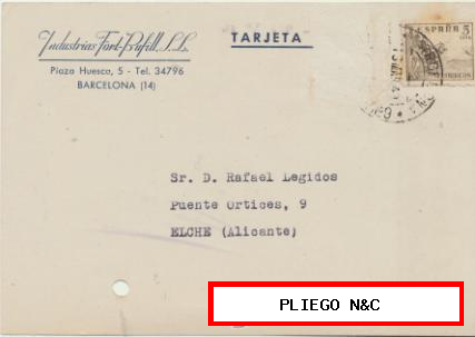Tarjeta con Membrete de Barcelona a Elche del 16 Mar. 1949. Con Edifil 916