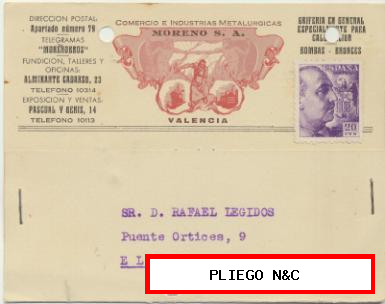 Tarjeta con Membrete de Valencia a Elche del 24 Oct... 1942. Con Edifil 922