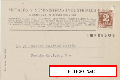 Tarjeta con Membrete de Valencia a Elche de 10 Mar. 1947. Con Edifil 915