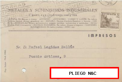 Tarjeta con Membrete de Valencia a Elche de 29 Enero. 1948. Con Edifil 916
