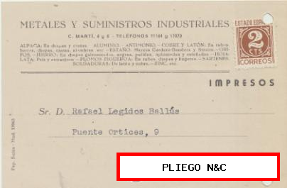 Tarjeta con Membrete de Valencia a Elche de 26 Mar. 1947. Con Edifil 915